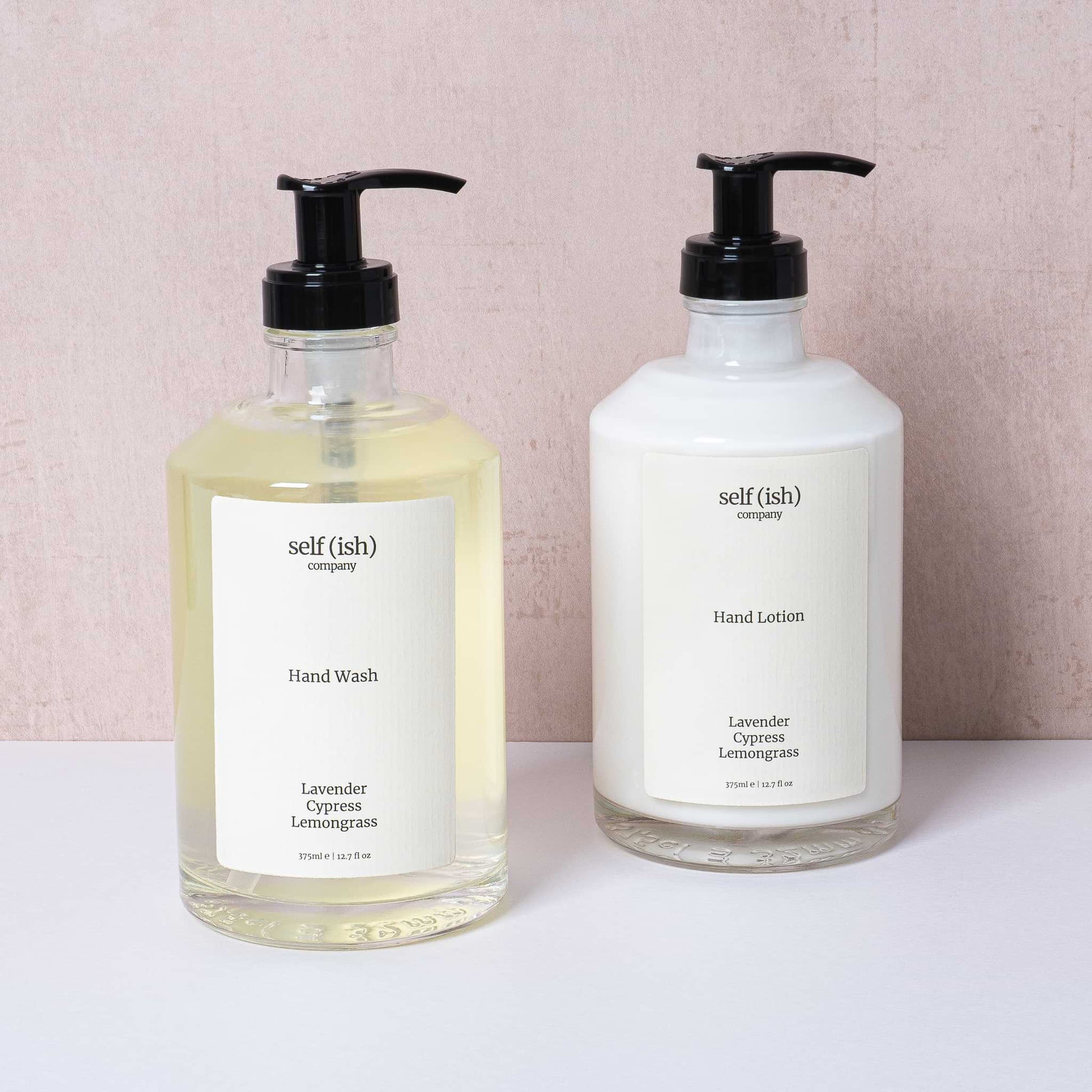 liquid hand soap and hand lotion with essential oil fragrances of lavender, cypress and lemongrass. Luxury glass bottle and pump dispenser
