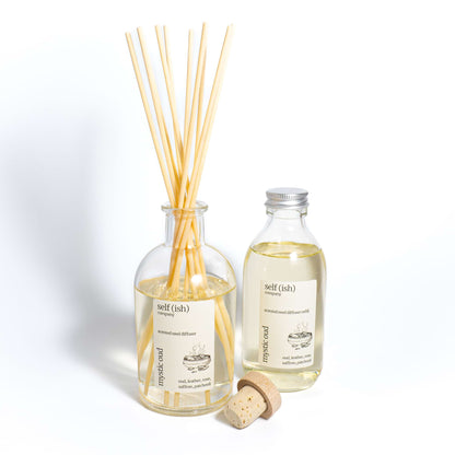 Oud diffuser refill bottle next to oud reed diffuser