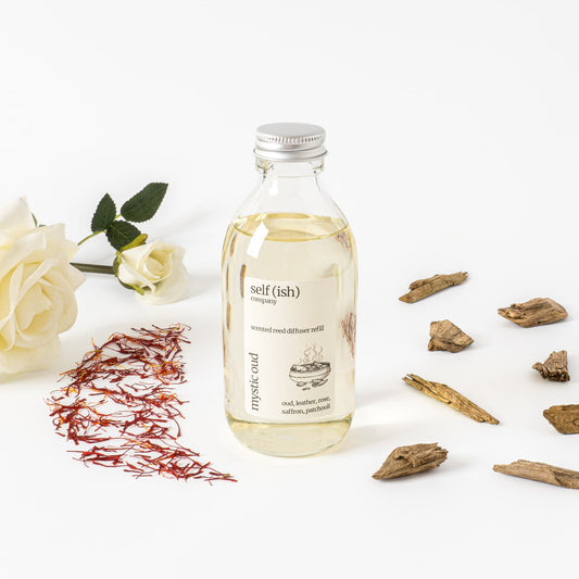 200ml oud reed diffuser refill surrounded by rose, saffron and oud wood chips
