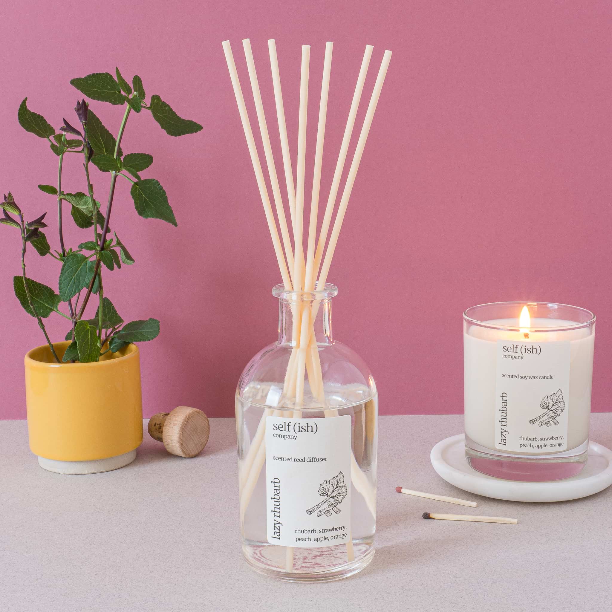 rhubarb reed diffuser with rhubarb scented candle